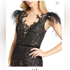 Mac Duggal Embellished Feather Cap Sleeve Illusion Neck Trumpet Gown